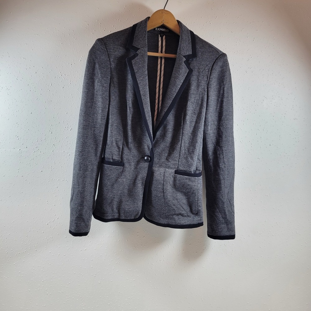 Express Blazer Women XS Grey Excellent Knit Single Button Contrast Trim Office